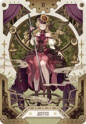 Rule 34 | achan (blue semi), audrey hall, bare shoulders, blonde hair, closed eyes, dress, flower, gears, highres, holding, holding sword, holding weapon, justice (tarot), long hair, lord of the mysteries, official art, red dress, strapless, strapless dress, striped clothes, striped dress, sunflower, sword, tarot, tarot (card), weapon, weighing scale