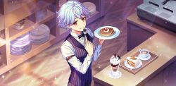 Rule 34 | 1boy, afterl!fe, blue hair, brown eyes, food, fork, highres, ice cream, jamie (afterl!fe), long sleeves, looking at viewer, male focus, official art, pancake, pancake stack, plate, second-party source, short hair, smile, solo, vest