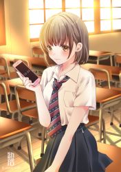 Rule 34 | 1girl, 2018, artist name, black skirt, blush, breast pocket, breasts, brown eyes, brown hair, cellphone, chair, classroom, closed mouth, collared shirt, commentary request, desk, diagonal stripes, holding, holding phone, indoors, light smile, long hair, medium breasts, necktie, on bench, original, phone, pleated skirt, pocket, school chair, school desk, school uniform, sheepd, shirt, short hair, short sleeves, sitting, skirt, solo, striped necktie, striped neckwear, sunlight, white shirt, window, wooden floor