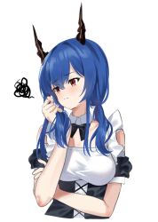 Rule 34 | 1girl, arknights, bare shoulders, black bow, black bowtie, blue hair, blush, bow, bowtie, breasts, ch&#039;en (arknights), commentary request, corset, cropped torso, dragon horns, hair between eyes, hair over shoulder, hand up, highres, horns, lily0428, long hair, low twintails, medium breasts, off-shoulder shirt, off shoulder, red eyes, shirt, simple background, solo, squiggle, twintails, upper body, white background