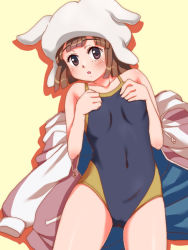 Rule 34 | 1girl, :o, ai hoshimiya, bad id, bad pixiv id, blunt bangs, blush, brown eyes, brown hair, competition swimsuit, hat, hood, hoodie, unworn hoodie, miniskirt pirates, one-piece swimsuit, poncho s, short hair, solo, swimsuit, tongue