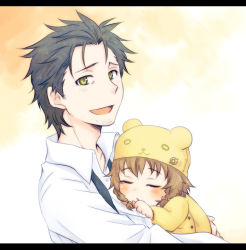 Rule 34 | 1girl, aged down, amane suzuha, animal hat, baby, badge, black hair, braid, brown hair, carrying, closed eyes, dress shirt, facial hair, hat, letterboxed, mayu (airmods), necktie, okabe rintarou, open mouth, pin, shirt, short hair, simple background, sleeping, smile, solo, steins;gate, stubble, twin braids, yellow eyes