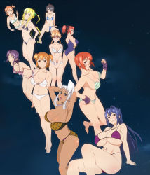 Rule 34 | 6+girls, ;d, absurdres, ahoge, akaza chacha, amado yuuka, arm support, armpits, arms behind back, arms behind head, arms up, ass, back, bandaid, bare shoulders, barefoot, black hair, blonde hair, blue eyes, blue hair, blush, body blush, bow, bow panties, bra, braid, breasts, brown hair, cleavage, clenched hand, collarbone, dark-skinned female, dark skin, female focus, fingerless gloves, frilled bra, frilled panties, frills, glasses, gloves, green eyes, hair between eyes, hair bobbles, hair intakes, hair ornament, hair over one eye, hairband, highres, himegami kodama, hip focus, huge breasts, kneepits, kushiya inaho, large breasts, leaning forward, legs, lingerie, long hair, looking at viewer, maken-ki!, midriff, minaya uruchi, multiple girls, navel, nijou aki, one-piece swimsuit, one eye closed, open mouth, orange hair, panties, profile, purple eyes, purple gloves, purple hair, red eyes, red hair, rokujou minori, satou kimi, shinatsu azuki, side-tie panties, sitting, small breasts, smile, standing, stitched, striped bra, striped clothes, striped panties, swimsuit, takaki furan, takami akio, thighs, third-party edit, twin braids, underwear, underwear only, v, v arms, white bra, white hair, white panties, wink