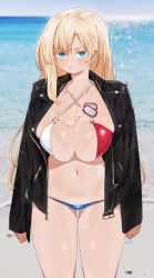 Rule 34 | 1girl, bikini, black jacket, blonde hair, blue eyes, blurry, blurry background, blush, breasts, closed mouth, criss-cross halter, day, depth of field, dog tags, halterneck, highres, huge breasts, jacket, leather, leather jacket, long hair, long sleeves, looking at viewer, miami-chan (ryusei hashida), navel, ocean, open clothes, open jacket, original, outdoors, photo background, ryusei hashida, smile, solo, standing, swimsuit, wet
