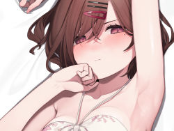 Rule 34 | 1girl, absurdres, armpits, blush, brown hair, close-up, commentary request, hair ornament, hairclip, halterneck, highres, higuchi madoka, idolmaster, idolmaster shiny colors, looking at viewer, lying, mole, mole under eye, on back, on bed, purple eyes, short hair, signalviolet, solo, sweat, swept bangs