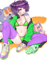 Rule 34 | 1girl, absurdres, bare shoulders, bikini, black choker, blush, breasts, choker, cleavage, closed mouth, collarbone, diagonal bangs, green bikini, green jacket, highres, idolmaster, idolmaster shiny colors, jacket, knee up, legs, long hair, long sleeves, looking at viewer, medium breasts, nail polish, navel, nello kun, off shoulder, open clothes, open jacket, purple eyes, purple hair, purple nails, purple thighhighs, shoes, short twintails, simple background, sitting, smile, sneakers, solo, spiked choker, spikes, spread legs, stuffed animal, stuffed toy, swimsuit, tanaka mamimi, thighhighs, tongue, tongue out, twintails, white background