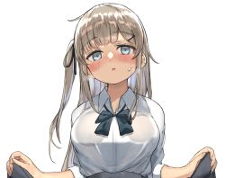 Rule 34 | 1girl, black bow, black ribbon, blue eyes, blush, bow, breasts, clothes lift, collared shirt, grey eyes, hair ornament, hair ribbon, hairclip, highres, large breasts, long hair, long sleeves, looking at viewer, open mouth, original, ranf, ribbon, see-through, shirt, simple background, skirt, skirt lift, solo, sweatdrop, upper body, white background, white shirt