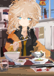 Rule 34 | 1girl, 1other, absurdres, alternate hairstyle, ambiguous gender, black shirt, blue eyes, blue sky, bowl, brown hair, cardigan, chopsticks, closed mouth, collared shirt, commentary request, cup, day, drinking glass, expressionless, food, green nails, hand up, highres, holding, holding bowl, holding chopsticks, indoors, jewelry, kabuyama kaigi, kasukabe tsumugi, long hair, long sleeves, looking at viewer, messy hair, necklace, necktie, off shoulder, open cardigan, open clothes, orange cardigan, popped collar, restaurant, rice bowl, shirt, side ponytail, sitting, sky, solo focus, table, upper body, voicevox, water, window, yellow necktie