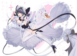 Rule 34 | 1girl, ;3, ;d, aqua hair, ass, azur lane, bare shoulders, black footwear, black hair, blue eyes, blue nails, blunt bangs, blush, breasts, cheshire (azur lane), cleavage, corset, cup, detached collar, detached sleeves, frilled skirt, frills, high heels, large breasts, looking at viewer, maid, maid headdress, multicolored hair, nail polish, no panties, one eye closed, open mouth, paw pose, puffy short sleeves, puffy sleeves, saucer, short hair, short sleeves, skirt, smile, solaris (sinhyg), solo, sparkle, streaked hair, tea, teacup, thighhighs, two-tone hair, upper body, white skirt, white thighhighs, wrist cuffs