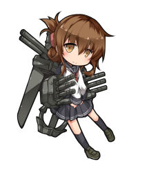 Rule 34 | 10s, 1girl, anchor, brown eyes, brown hair, chibi, half updo, inazuma (kancolle), kantai collection, looking at viewer, machinery, plus9, sleeves past wrists, smile, solo, turret