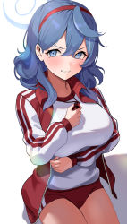 Rule 34 | ako (blue archive), arm under breasts, blue archive, blue eyes, blue hair, blush, breasts, buruma, clenched teeth, cowboy shot, from above, hair between eyes, hairband, halo, highres, jacket, large breasts, long hair, long sleeves, looking at viewer, red buruma, red jacket, shirt, simple background, taut clothes, tearing up, teeth, uuroncha, whistle, whistle around neck, white background, white shirt