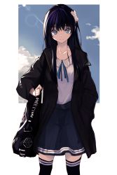 Rule 34 | 1girl, bag, black hair, black thighhighs, blue eyes, cloud, coat, collarbone, duffel bag, flower, hair flower, hair ornament, hand in pocket, highres, hoshino (8679643), hoshino (illyasviel), inset, lens flare, long hair, looking at viewer, original, ribbon, skirt, sky, smile, solo, striped clothes, striped thighhighs, thighhighs, white background, zettai ryouiki