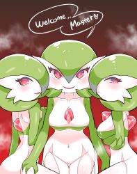 Rule 34 | 3girls, :&lt;, absurdres, back, blush, bob cut, breasts, bright pupils, closed mouth, collarbone, colored skin, cowboy shot, creatures (company), crossed arms, ddingyong, english text, female focus, from side, game freak, gardevoir, gen 3 pokemon, gradient background, green hair, green skin, groin, hair between eyes, hair over one eye, hand on another&#039;s leg, hand up, happy, heart, highres, looking at viewer, medium breasts, multicolored skin, multiple girls, navel, nintendo, one eye covered, open mouth, pokemon, pokemon (creature), profile, red background, red eyes, short hair, simple background, smile, speech bubble, spoken heart, standing, steam, stomach, straight-on, talking, two-tone skin, white pupils, white skin