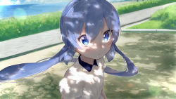 Rule 34 | 1girl, blue eyes, blue hair, blue sky, blush, closed mouth, cloud, cloudy sky, dappled sunlight, expressionless, grass, highres, lens flare, light blush, long hair, looking at viewer, n03+, ocean, otomachi una, outdoors, puffy short sleeves, puffy sleeves, shirt, short sleeves, sky, solo, sunlight, twintails, upper body, very long hair, vocaloid, white shirt