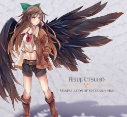 Rule 34 | 1girl, alternate costume, bare legs, belt, bird wings, black wings, boots, bow, brown footwear, brown hair, brown jacket, buttons, casual, character name, closed mouth, collared jacket, commentary request, contemporary, cropped legs, cropped shirt, english text, feet out of frame, green bow, hair bow, hand in pocket, highres, jacket, long hair, long sleeves, looking afar, looking to the side, midriff, navel, open clothes, open jacket, radiation symbol, red eyes, reiuji utsuho, ri cochet, shadow, shirt, shorts, solo, standing, stomach, third eye, touhou, unbuttoned, white shirt, wings