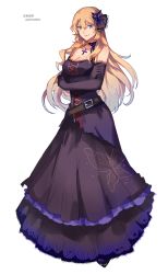 Rule 34 | 1girl, artist name, bad id, bad pixiv id, belt, belt buckle, black dress, black gloves, blonde hair, blue eyes, breasts, brown belt, buckle, butterfly hair ornament, choker, cleavage, closed mouth, cross, cross necklace, crossed arms, dress, elbow gloves, floating hair, full body, gloves, green eyes, hair between eyes, hair ornament, heterochromia, jewelry, lanlanlu (809930257), large breasts, layered dress, long dress, long hair, looking at viewer, necklace, sengoku musou, simple background, sleeveless, sleeveless dress, smile, solo, standing, strapless, strapless dress, very long hair, white background