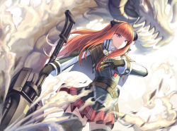 Rule 34 | 1girl, absurdres, arknights, bagpipe (arknights), belt, black gloves, commentary, cowboy shot, gloves, highres, holding, holding lance, holding polearm, holding weapon, horns, jacket, k0a, lance, long hair, miniskirt, orange hair, pleated skirt, polearm, purple eyes, red skirt, skirt, solo, standing, thighhighs, weapon, white background