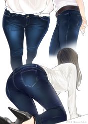 Rule 34 | 1girl, all fours, ama mitsuki, arms behind back, ass, black hair, contrapposto, denim, dutch angle, foreshortening, from behind, high heels, jeans, kneeling, long hair, long sleeves, multiple views, original, own hands together, pants, ribbed shirt, shirt, shoe soles, simple background, standing, strappy heels, white background