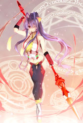 Rule 34 | 1girl, ;), antenna hair, arm up, bare shoulders, black pants, blazblue, blush, boots, breasts, closed mouth, collarbone, crossed legs, elbow gloves, fingerless gloves, full body, gloves, gluteal fold, gradient background, hair between eyes, hair ribbon, highres, hip vent, holding, holding weapon, knee boots, large breasts, light particles, long hair, looking at viewer, magic circle, mai natsume, navel, one eye closed, pants, polearm, purple hair, red eyes, red gloves, ribbon, sideboob, sidelocks, sleeveless, smile, solo, spear, standing, thigh gap, very long hair, vest, watson cross, weapon, white footwear, white vest, yellow ribbon, yuuki makoto (radiant)