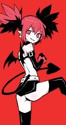 Rule 34 | 1girl, akableak, ass, back, bare shoulders, black footwear, black gloves, black panties, black tail, black thighhighs, black wings, blush, boots, bracelet, demon girl, demon tail, demon wings, disgaea, earrings, elbow gloves, empty eyes, etna (disgaea), fang, feet out of frame, gloves, grin, hair between eyes, highres, jewelry, leg up, limited palette, looking at viewer, looking back, medium hair, microskirt, mini wings, nose, panties, panty peek, parted lips, pointy ears, red background, red eyes, red hair, red theme, shoulder blades, sidelocks, sideways glance, simple background, skirt, skull earrings, smile, solo, standing, standing on one leg, tail, teeth, thigh boots, thighhighs, tsurime, twintails, underwear, wings