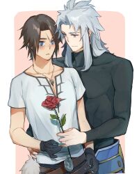 Rule 34 | 2boys, belt, black gloves, blue eyes, blush, brown hair, dissidia final fantasy, final fantasy, final fantasy i, final fantasy viii, flower, fur trim, gloves, grey eyes, hand on another&#039;s hip, holding, holding flower, jewelry, leather belt, long hair, male focus, multiple belts, multiple boys, necklace, nini tw99, open mouth, red flower, red rose, rose, scar, scar on face, shirt, short hair, simple background, skin tight, smile, squall leonhart, surprised, v-neck, warrior of light (ff1), white hair, white shirt, yaoi