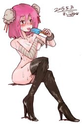 Rule 34 | bandaged arm, bandages, blush, boots, brown footwear, bun cover, chain, covering privates, covering breasts, cuffs, dated, food, hair between eyes, hair bun, high heel boots, high heels, ibaraki kasen, invisible chair, kishiinu, looking at viewer, nude, pink hair, popsicle, shackles, short hair, single hair bun, sitting, solo, sweat, sweatdrop, thigh boots, thighhighs, tongue, tongue out, white background