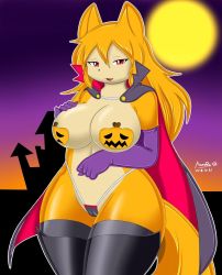 Rule 34 | boots, breasts, dog, furry, halloween, long hair, nipples, open mouth, orange hair, red eyes, tasogare aozora, thighhighs
