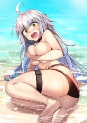 Rule 34 | 1girl, ahoge, barefoot, beach, bikini, bikini bottom only, black bikini, blush, breasts, butt crack, choker, cleavage, commentary request, covering privates, covering breasts, day, embarrassed, fate/grand order, fate (series), feet, grey hair, hair between eyes, holding, jeanne d&#039;arc alter (swimsuit berserker) (fate), jeanne d&#039;arc (fate), jeanne d&#039;arc alter (fate), jeanne d&#039;arc alter (swimsuit berserker) (fate), large breasts, long hair, looking at viewer, o-ring, o-ring bikini, o-ring bottom, open mouth, outdoors, shallow water, shouting, soles, solo, swimsuit, thigh strap, toes, topless, wakamesan, water, yellow eyes