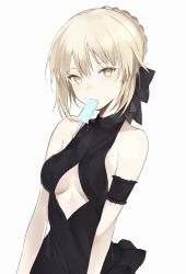 Rule 34 | 1girl, arm garter, artoria pendragon (all), artoria pendragon (alter swimsuit rider) (first ascension) (fate), artoria pendragon (fate), bare shoulders, black dress, blonde hair, braid, breasts, cleavage cutout, clothing cutout, dark persona, dress, fate/stay night, fate (series), food, french braid, hair between eyes, hair ribbon, looking at viewer, lpip, medium breasts, mouth hold, popsicle, ribbon, saber alter, short hair, simple background, sleeveless, sleeveless dress, solo, strapless, strapless dress, upper body, white background, yellow eyes