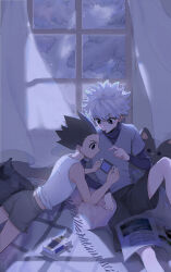 Rule 34 | 2boys, absurdres, black hair, black shorts, blue eyes, blue sweater, brown eyes, commentary, curtains, food in mouth, gon freecss, grey shirt, grey shorts, highres, hunter x hunter, indoors, killua zoldyck, layered shirt, layered sleeves, long sleeves, lying, maosishu, midriff, multiple boys, newspaper, night, nintendo switch, on stomach, pillow, playing games, pocky, pocky in mouth, pointing, pointing at another, shirt, shirt rolled up, short over long sleeves, short sleeves, shorts, sitting, sleeveless, sleeveless shirt, spiked hair, sweater, t-shirt, tank top, toy, turtleneck, v-shaped eyebrows, white hair, white shirt, window, yaoi