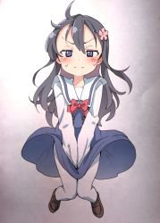 Rule 34 | 1girl, black eyes, black hair, blue dress, blush, bow, bowtie, brown footwear, character request, closed mouth, commentary request, copyright request, dress, dress tug, floating, flower, frown, full body, glaring, hair flower, hair ornament, half-closed eyes, highres, loafers, long sleeves, looking at viewer, medium dress, messy hair, miyao ryuu, pantyhose, photo (medium), red bow, red bowtie, sailor collar, shoes, solo, sweatdrop, traditional media, v-shaped eyebrows, white pantyhose