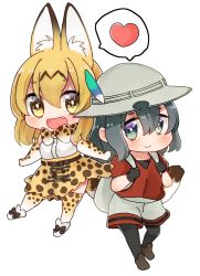 Rule 34 | 10s, 2girls, :d, animal ears, backpack, bag, black gloves, black hair, black legwear, chibi, commentary request, elbow gloves, fang, gloves, grey eyes, hat, heart, imomushi (iimomushii), kaban (kemono friends), kemono friends, light brown hair, looking at another, multiple girls, open mouth, pantyhose, serval (kemono friends), serval tail, short hair, shorts, simple background, smile, spoken heart, tail, yellow eyes