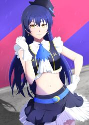Rule 34 | 1girl, bare shoulders, birthday, blue hair, gloves, hat, long hair, looking at viewer, love live!, navel, nemoroimer, no brand girls, outdoors, sleeveless, solo, sonoda umi, white gloves, yellow eyes