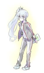 Rule 34 | 1girl, blue eyes, blush, female focus, full body, glasses, gradient background, gym uniform, iesupa, long hair, looking at viewer, rwby, scar, side ponytail, solo, uniform, weiss schnee, white background, white hair