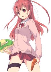 Rule 34 | 1girl, achiga school uniform, atarashi ako, bow, bowtie, brown hair, cardigan, commentary, dress shirt, dual wielding, frown, holding, holding weapon, long hair, looking at viewer, miniskirt, open mouth, pink sweater, pleated skirt, red bow, red bowtie, red eyes, red skirt, saki, saki (manga), saki achiga-hen, school uniform, shirt, simple background, skindentation, skirt, solo, standing, super soaker, sweater, thigh strap, tom q (tomtoq), two side up, weapon, white background, white shirt, wing collar
