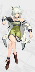 Rule 34 | 1girl, absurdres, animal ear fluff, animal ears, anklet, arknights, bare shoulders, boots, breasts, brown footwear, cat ears, commentary, crossed legs, detached collar, dress, full body, green eyes, grey background, highres, invisible chair, jewelry, kal&#039;tsit (arknights), long hair, looking at viewer, medium breasts, necklace, off-shoulder dress, off shoulder, pocket, see-through, shio sakana, sitting, solo, white hair