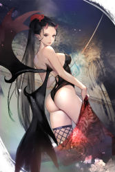 Rule 34 | 1girl, absurdres, ass, backless leotard, backless outfit, bare shoulders, bat wings, black hair, breasts, demon girl, fishnet thighhighs, fishnets, forehead, from behind, highres, hitowa, holding, horns, leotard, long hair, looking at viewer, looking back, medium breasts, oni horns, original, parted lips, photoshop (medium), pointy ears, ponytail, purple eyes, revision, skin tight, smile, solo, thighhighs, very long hair, wings