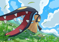 Rule 34 | closed mouth, cloud, commentary request, creatures (company), day, falling leaves, game freak, gen 3 pokemon, grass, highres, leaf, looking at viewer, looking back, mawile, nintendo, no humans, outdoors, pokemon, pokemon (creature), red eyes, rock, sky, smile, solo, standing, takahashi kurage (kurage077)