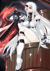 Rule 34 | 10s, 1girl, absurdres, abyssal ship, boots, breasts, claws, crossed legs, detached sleeves, dress, frown, glowing, highres, horns, kantai collection, knee boots, large breasts, long hair, pale skin, red eyes, ribbed dress, sangyou haikibutsu a, seaport princess, shiny skin, short dress, sideboob, single horn, sitting, solo, very long hair, white dress, white footwear, white hair