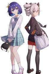 Rule 34 | 2girls, absurdres, bag, blue eyes, blue hair, bow, bowtie, bread, bread slice, bronya zaychik, bronya zaychik (wolf&#039;s dawn), brown footwear, casual, commentary request, crossed bangs, drill hair, food, food in mouth, frilled sleeves, frills, grey eyes, grey hair, hair bow, hair ornament, handbag, highres, honkai (series), honkai impact 3rd, jacket, loafers, long hair, long sleeves, looking at another, messenger bag, miniskirt, mouth hold, multicolored hair, multiple girls, pleated skirt, polka dot, polka dot bow, red skirt, seele vollerei, shirt, shoes, shoulder bag, simple background, skirt, smile, socks, standing, thighhighs, toast, toast in mouth, twin drills, two-tone hair, white background, white footwear, white shirt, yukizawa xueze