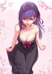 Rule 34 | 1girl, arms at sides, bare arms, bare shoulders, black dress, blurry, bow, breasts, cleavage, collarbone, commentary request, depth of field, dress, fate/stay night, fate (series), feet out of frame, from above, hair ribbon, highres, large breasts, looking at viewer, matou sakura, open mouth, pink bow, pink ribbon, purple eyes, purple hair, ribbon, sitting, sleeveless, sleeveless dress, solar (happymonk), solo