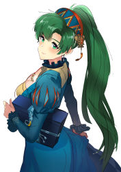 Rule 34 | 1girl, absurdres, blue dress, blue ribbon, blush, box, breasts, cleavage, cowboy shot, downblouse, dress, fire emblem, fire emblem heroes, frilled sleeves, frills, from side, gift, gift box, green eyes, green hair, hairband, highres, jewelry, juliet sleeves, long hair, long sleeves, looking at viewer, looking to the side, lyn (fire emblem), lyn (valentine) (fire emblem), medium breasts, necklace, nintendo, ormille, ponytail, puffy sleeves, ribbon, simple background, skirt hold, solo, standing, very long hair, white background