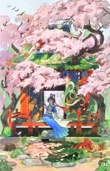 Rule 34 | 1girl, animal, architecture, black hair, blue robe, branch, cherry blossoms, chinese clothes, day, dragon, east asian architecture, eastern dragon, flower, frog, garden, grass, hair flower, hair ornament, hair rings, hanfu, highres, holding, holding branch, jizou, lattice, long sleeves, magic iris, nature, octopus, on floor, open door, original, outdoors, pond, railing, red ribbon, reflection, reflective water, ribbon, robe, rock, sash, scenery, shrine, sitting, spring (season), statue, tree, tree stump, veranda, wide sleeves, wind, wooden floor