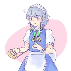 Rule 34 | 1girl, anger vein, apron, breasts, cellphone, failure, flat chest, frown, highres, izayoi sakuya, maid, object on breast, phone, simple background, small breasts, smartphone, solo, tape, tawawa challenge, touhou, watch, wristwatch, yoruny, you&#039;re doing it wrong