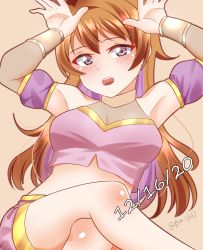 Rule 34 | 1girl, artist name, artist request, bare legs, blush, bracelet, breasts, brown hair, butterfly (love live!), choker, cleavage, clothing cutout, collarbone, cropped shirt, crossed legs, crown, detached sleeves, double bun, dress, dress shirt, earrings, female focus, gold bracelet, hair between eyes, hair bun, hair rings, hands up, harem outfit, highres, jewelry, konoe kanata, long hair, looking at viewer, love live!, love live! nijigasaki high school idol club, love live! school idol festival, medium breasts, navel, parted lips, pink background, puffy short sleeves, puffy sleeves, purple eyes, purple shirt, purple shorts, shirt, short sleeves, shorts, shoulder cutout, smile, solo, two side up, yellow bracelet, yellow choker