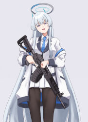 Rule 34 | 1girl, :d, black pantyhose, blazer, blue archive, blue necktie, blunt bangs, coat, collared shirt, commentary, cyka, drum magazine, english commentary, gluteal fold, gun, half-closed eyes, halo, head tilt, headgear, highres, holding, holding gun, holding weapon, jacket, light machine gun, long hair, long sleeves, looking at viewer, magazine (weapon), necktie, noa (blue archive), open clothes, open coat, open mouth, pantyhose, pleated skirt, purple eyes, rpk-16, school uniform, shirt, sidelocks, simple background, skirt, smile, solo, trigger discipline, very long hair, weapon, white background, white coat, white jacket, white shirt, white skirt
