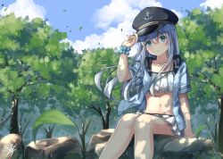 Rule 34 | 1girl, alternate costume, bikini, blue eyes, blue hat, blue sweater, blush, feet out of frame, frilled bikini, frills, hat, hibiki (kancolle), kantai collection, leaf, long hair, looking at viewer, miko fly, navel, silver hair, sitting, solo, sweater, swimsuit, tree, tree shade