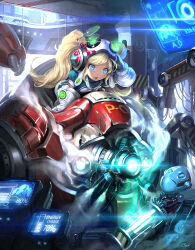 Rule 34 | 1girl, absurdres, blonde hair, blue eyes, bodysuit, concept art, electricity, gloves, hair bobbles, hair ornament, helmet, highres, holographic interface, indoors, mecha, mixed-language commentary, p.e.k.k.a (fire-sprit), robot, twintails, white gloves, wire