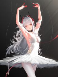 Rule 34 | 1girl, absurdres, alternate costume, arknights, armpits, arms up, ballerina, ballet, black background, black choker, blush, breasts, choker, cleavage, commentary, dress, finger cots, grey hair, highres, horns, kuro matcha, light rays, long hair, medium breasts, multicolored hair, pantyhose, parted lips, red eyes, red hair, red horns, simple background, solo, strapless, strapless dress, tutu, two-tone hair, w (arknights), white dress, white pantyhose