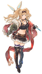 Rule 34 | 1girl, absurdres, belt, black choker, blonde hair, blue eyes, bomber jacket, boots, breasts, choker, cleavage, crop top, eyewear on head, fingerless gloves, gloves, granblue fantasy, granblue fantasy versus, granblue fantasy versus: rising, green jacket, highres, holding, holding polearm, holding weapon, jacket, jewelry, medium breasts, midriff, miniskirt, necklace, pleated skirt, polearm, shimatani azu, skirt, solo, sunglasses, thigh boots, thighhighs, twintails, weapon, zeta (dark) (granblue fantasy), zeta (granblue fantasy)